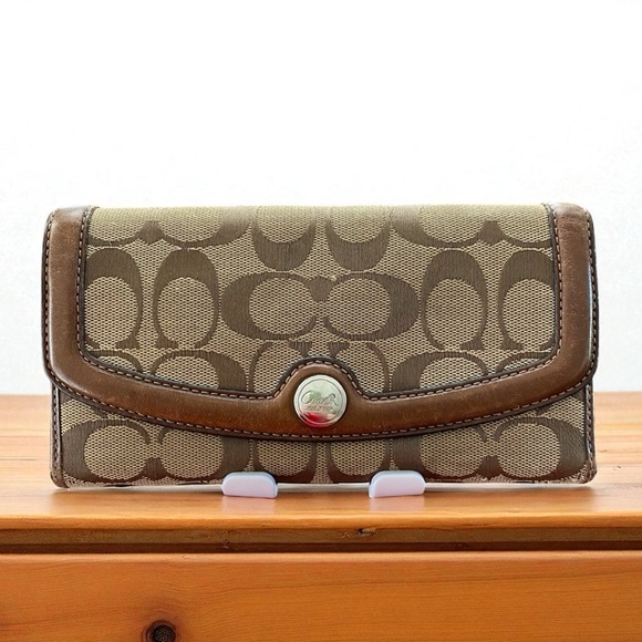 Coach Classic C Logo Brown Canvas & Butter Soft Leather Trim Tri-Fold Wallet - Picture 1 of 13